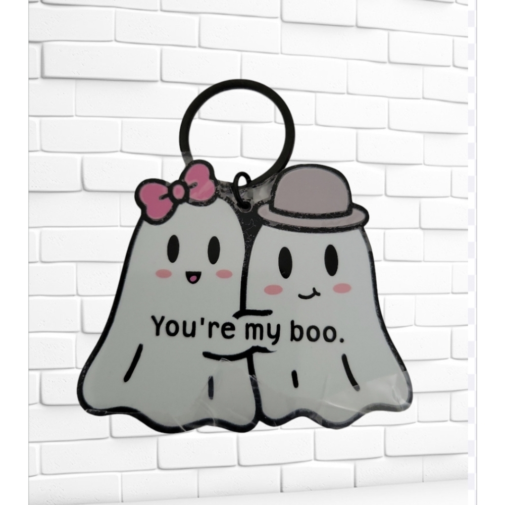 Bag Charm Keyring with Pink and Gray You're My Boo with Box NEW - Picture 2 of 4